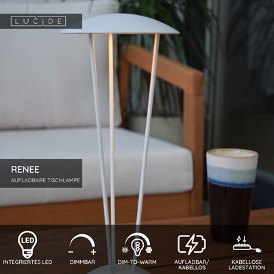 Lucide RENEE - wiederaufladbare Tischlampe Innen/Außen - Akku/Batterie - Ø 12,3 cm - LED Dim to warm - 1x2,2W 2700K/3000K - IP54 - Mit kabelloser Ladestation - Weiß